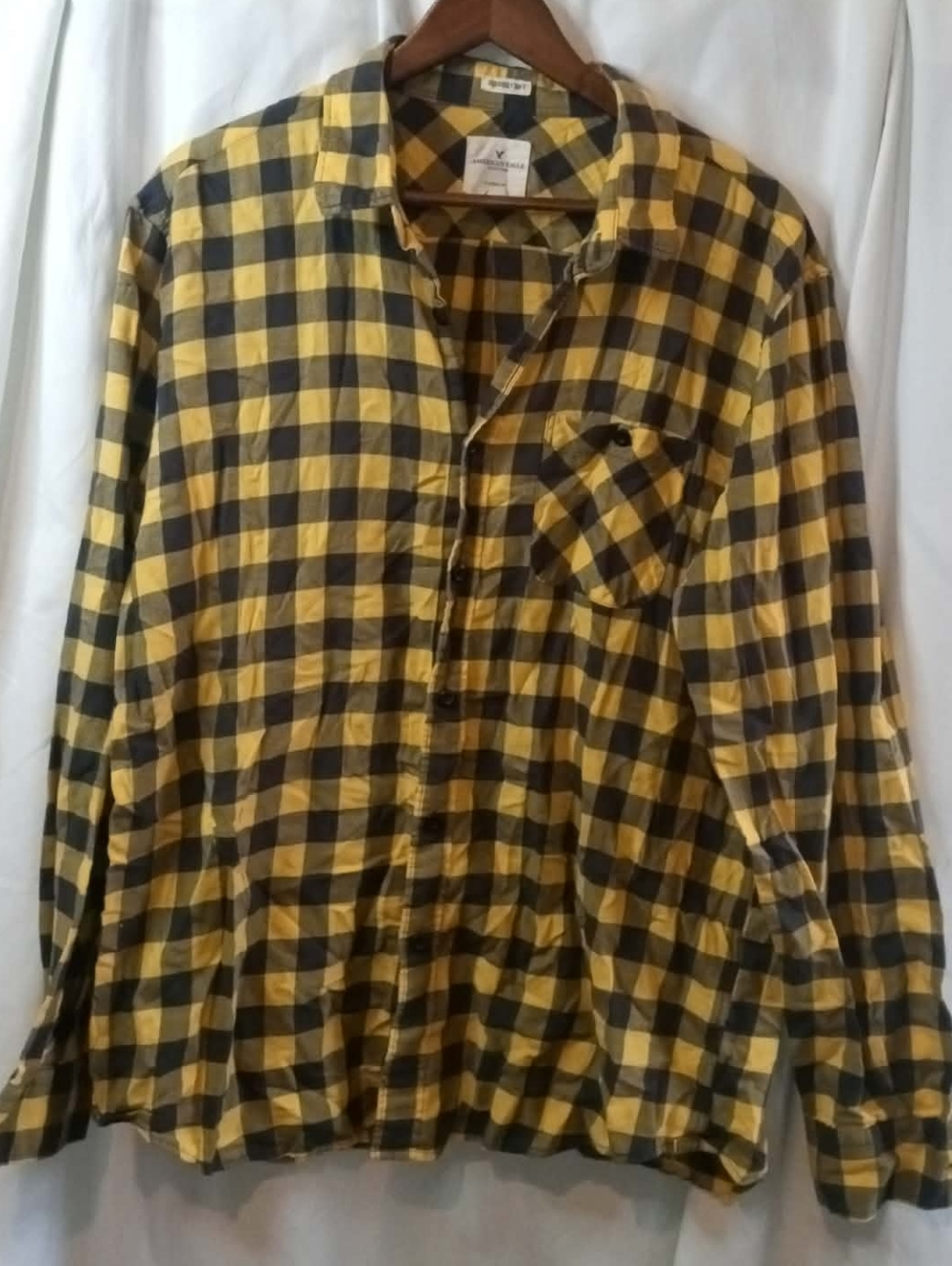XL Classic Fit American Eagle Cabincore Yellow Black Plaid Shirt Soft Preppy Y2K